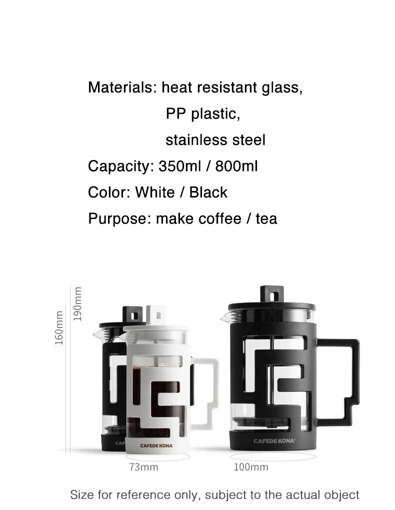 CAFEDE KONA French Press Coffee Press Tea Coffee Maker Glass Coffee Pot High Density Stainless Steel Mesh Heat