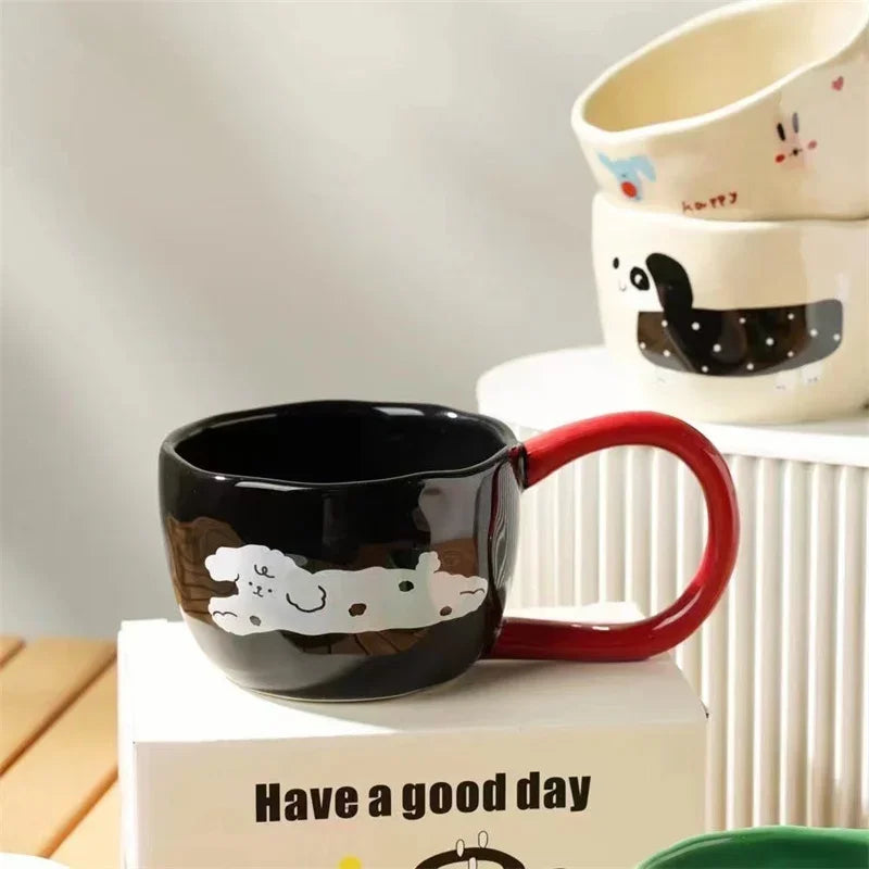 Cartoon Large Handle Ceramic Cup Hand Pinched Irregular Cute Coffee Mug Afternoon Tea Juice Milk Cups Home Office Water