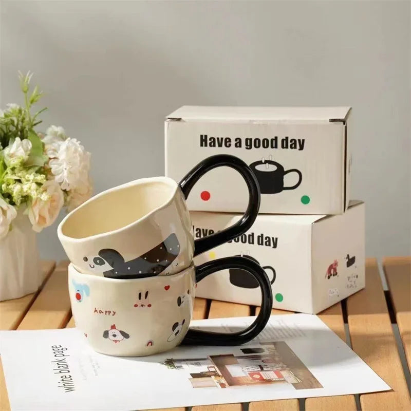 Cartoon Large Handle Ceramic Cup Hand Pinched Irregular Cute Coffee Mug Afternoon Tea Juice Milk Cups Home Office Water