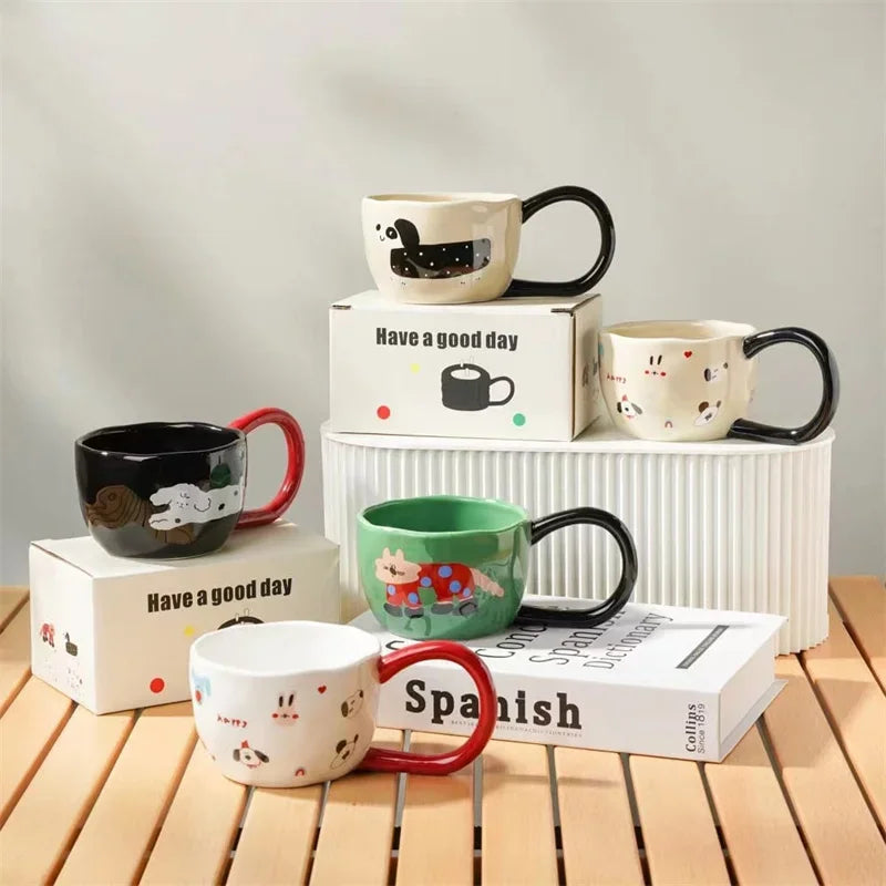 Cartoon Large Handle Ceramic Cup Hand Pinched Irregular Cute Coffee Mug Afternoon Tea Juice Milk Cups Home Office Water