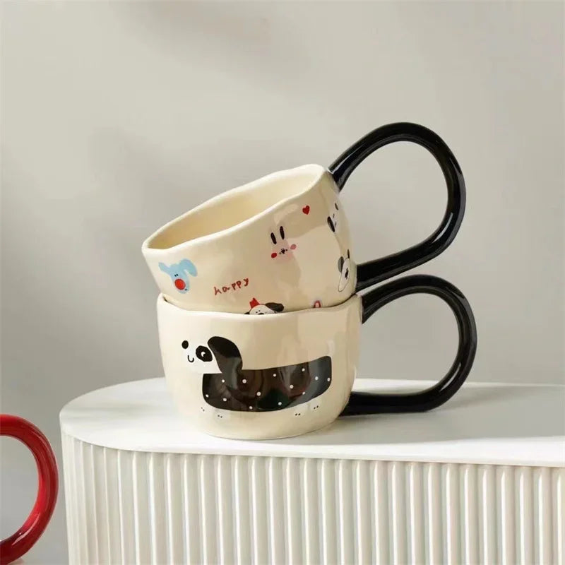 Cartoon Large Handle Ceramic Cup Hand Pinched Irregular Cute Coffee Mug Afternoon Tea Juice Milk Cups Home Office Water