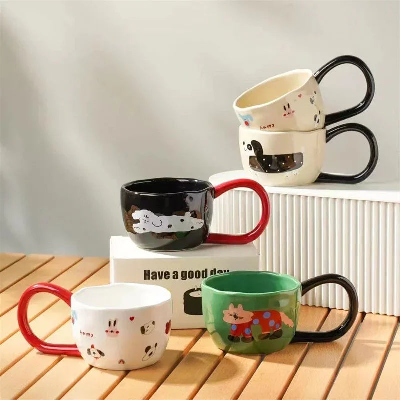 Cartoon Large Handle Ceramic Cup Hand Pinched Irregular Cute Coffee Mug Afternoon Tea Juice Milk Cups Home Office Water