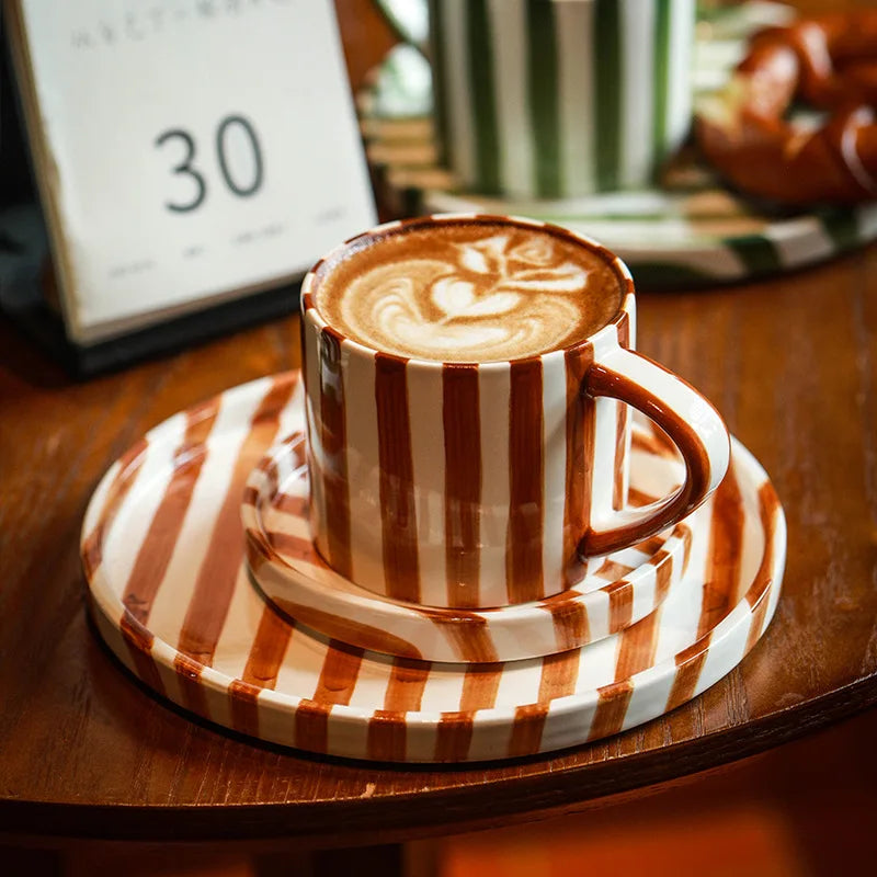 Ceramic Coffee Mug Three-piece Set Hand-painted Striped Mug Afternoon Camellia Tea Mug Breakfast Milk Oatmeal Mug Cake