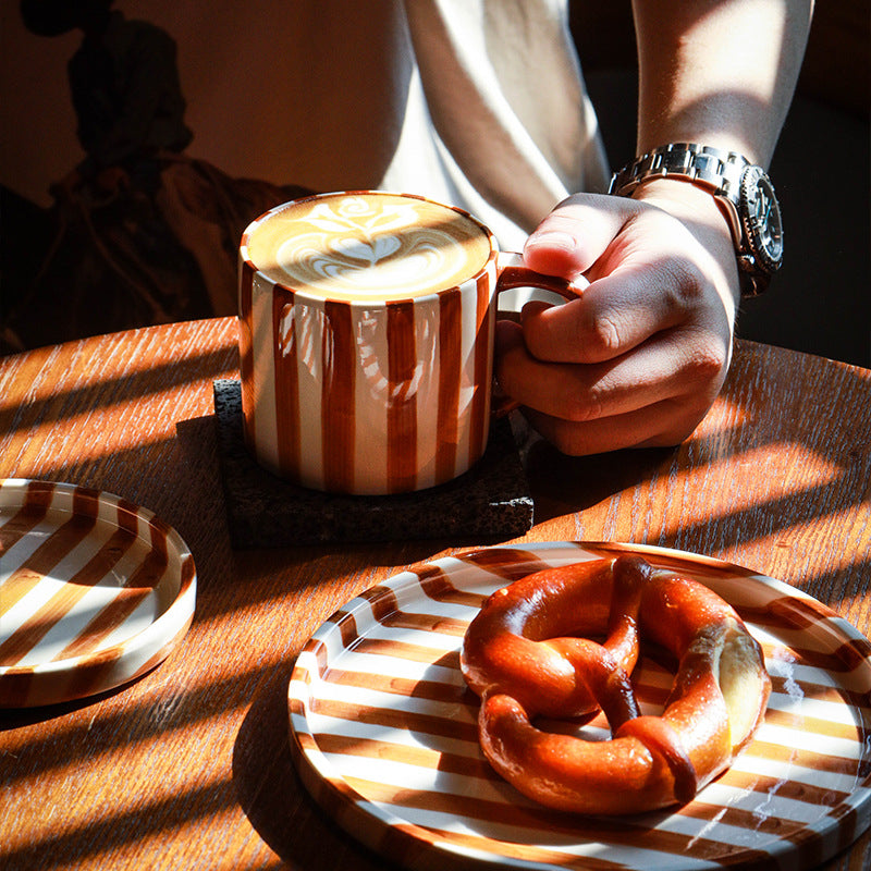 Ceramic Coffee Mug Three-piece Set Hand-painted Striped Mug Afternoon Camellia Tea Mug Breakfast Milk Oatmeal Mug Cake