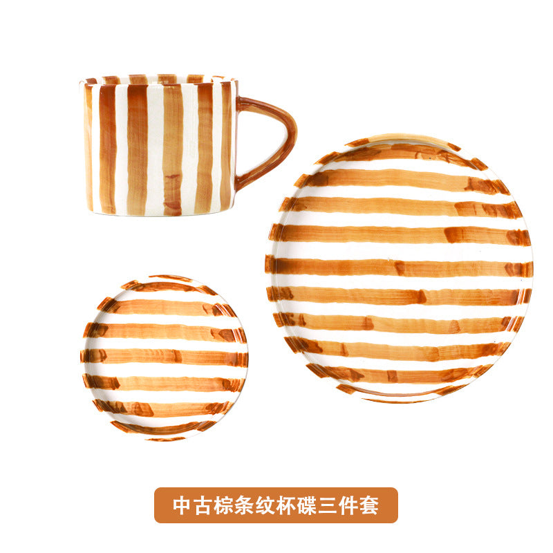 Ceramic Coffee Mug Three-piece Set Hand-painted Striped Mug Afternoon Camellia Tea Mug Breakfast Milk Oatmeal Mug Cake