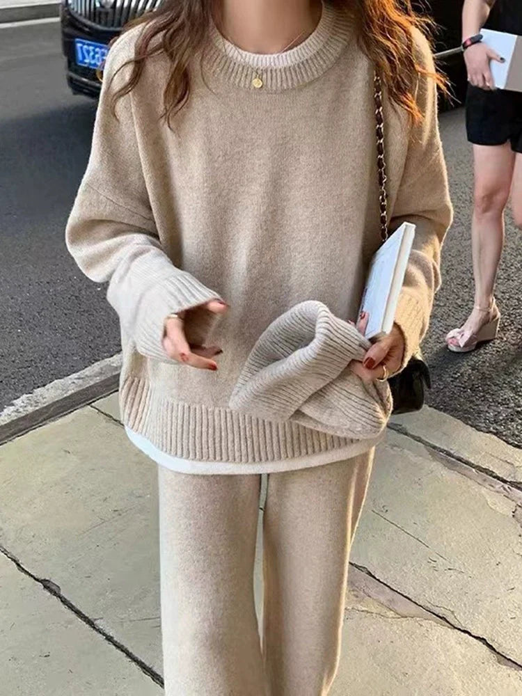 Classic Style Cashmere Sweater Suit Women’s Autumn and Winter Fancy Lazy and Loose Knitted Top Wide Leg Pants