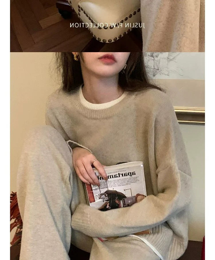 Classic Style Cashmere Sweater Suit Women’s Autumn and Winter Fancy Lazy and Loose Knitted Top Wide Leg Pants