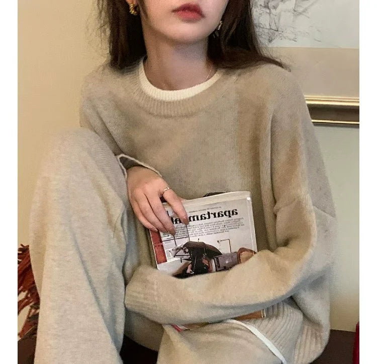 Classic Style Cashmere Sweater Suit Women’s Autumn and Winter Fancy Lazy and Loose Knitted Top Wide Leg Pants