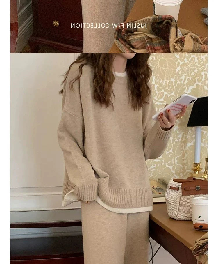 Classic Style Cashmere Sweater Suit Women’s Autumn and Winter Fancy Lazy and Loose Knitted Top Wide Leg Pants