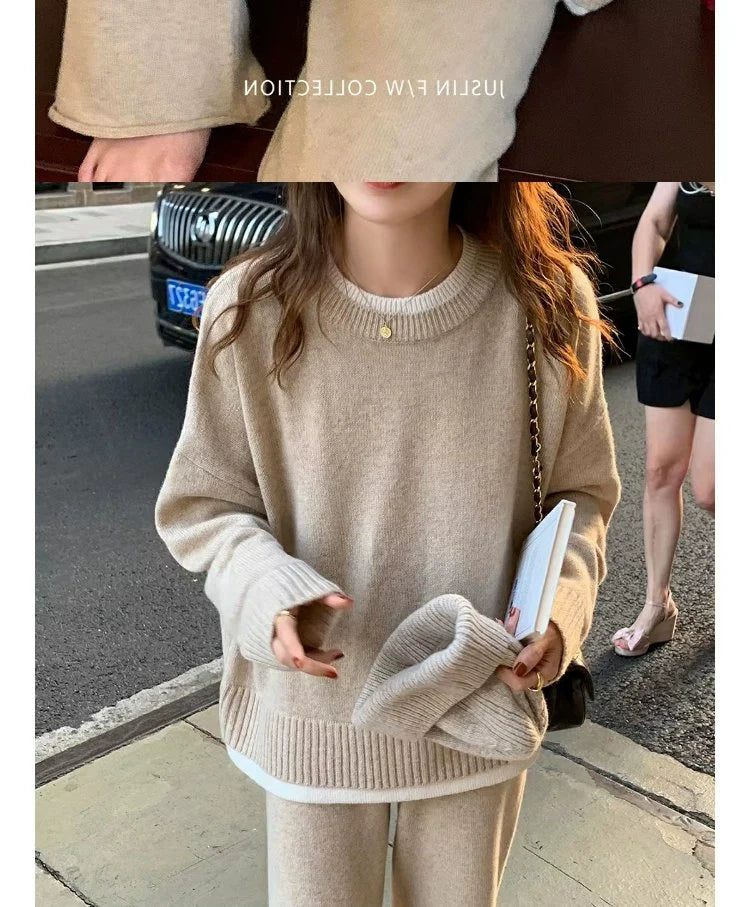 Classic Style Cashmere Sweater Suit Women’s Autumn and Winter Fancy Lazy and Loose Knitted Top Wide Leg Pants