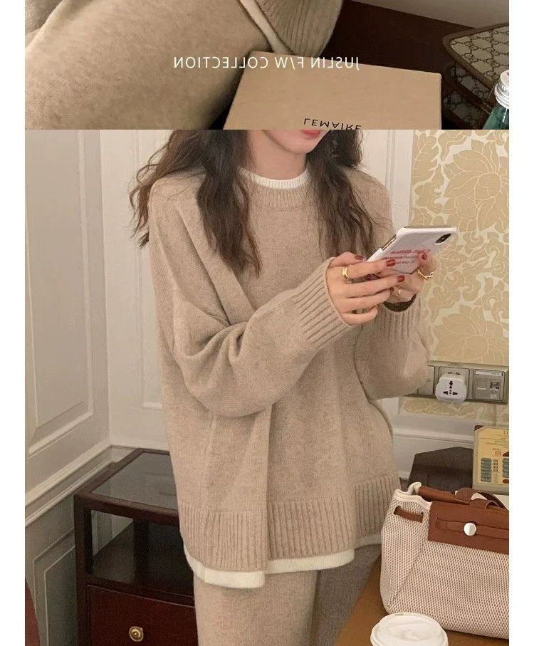 Classic Style Cashmere Sweater Suit Women’s Autumn and Winter Fancy Lazy and Loose Knitted Top Wide Leg Pants