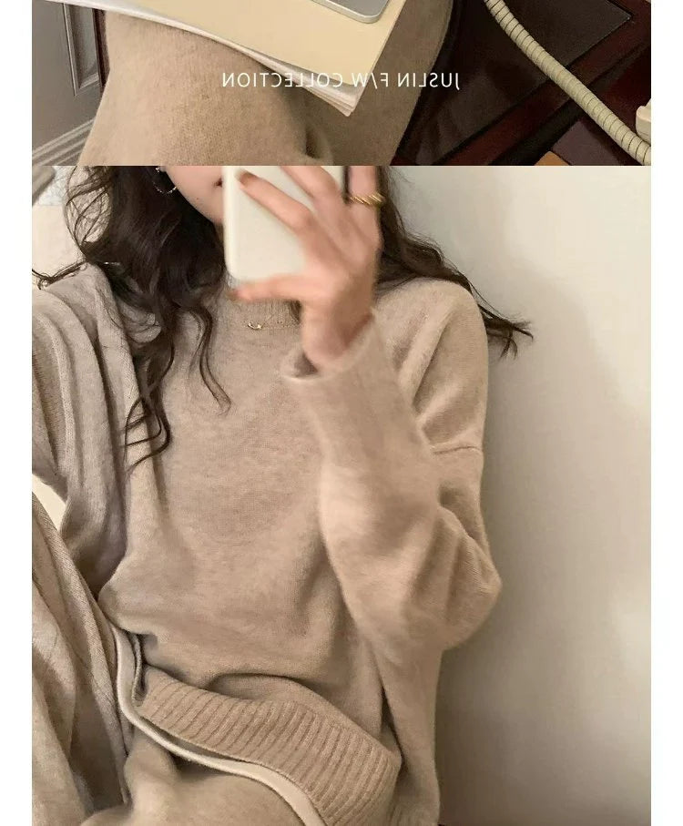 Classic Style Cashmere Sweater Suit Women’s Autumn and Winter Fancy Lazy and Loose Knitted Top Wide Leg Pants