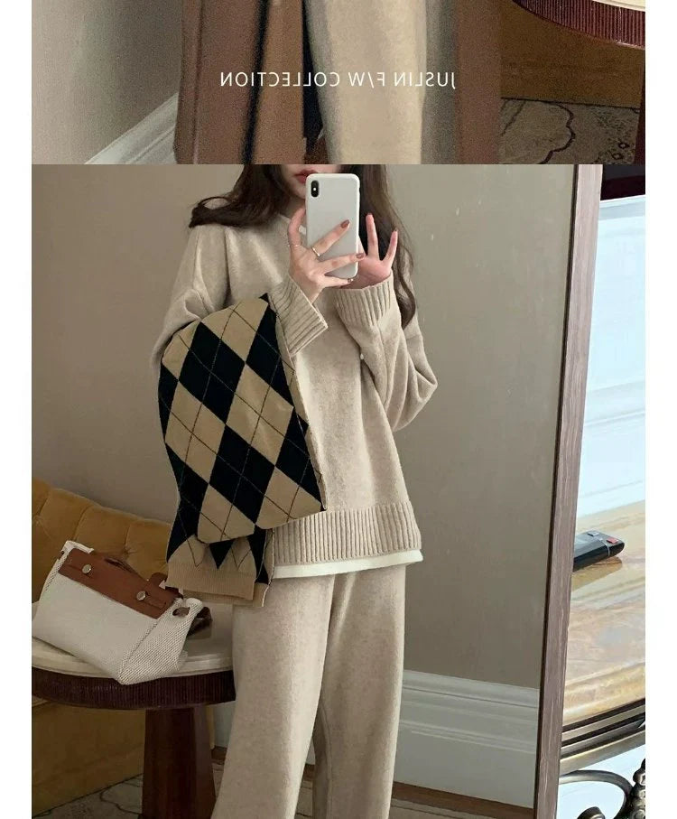 Classic Style Cashmere Sweater Suit Women’s Autumn and Winter Fancy Lazy and Loose Knitted Top Wide Leg Pants