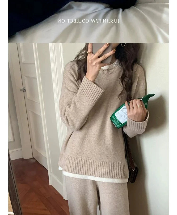 Classic Style Cashmere Sweater Suit Women’s Autumn and Winter Fancy Lazy and Loose Knitted Top Wide Leg Pants