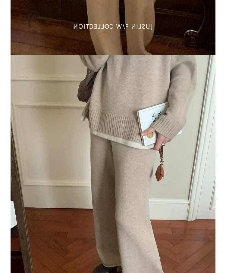 Classic Style Cashmere Sweater Suit Women’s Autumn and Winter Fancy Lazy and Loose Knitted Top Wide Leg Pants