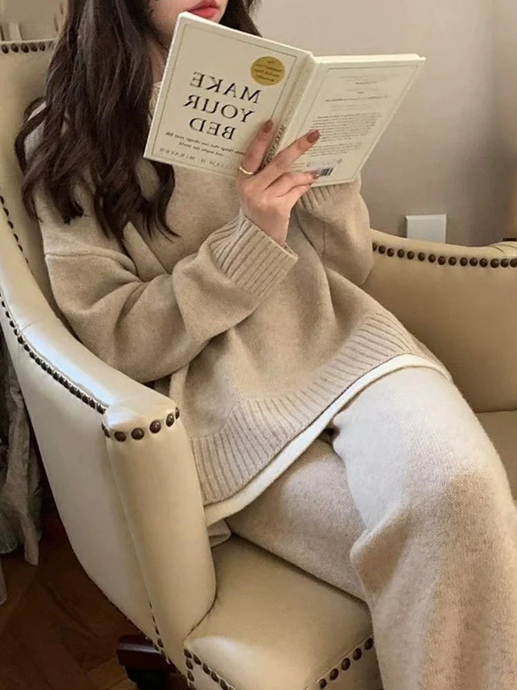 Classic Style Cashmere Sweater Suit Women’s Autumn and Winter Fancy Lazy and Loose Knitted Top Wide Leg Pants