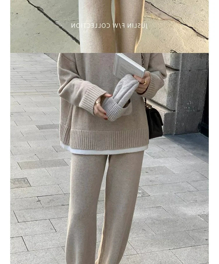 Classic Style Cashmere Sweater Suit Women’s Autumn and Winter Fancy Lazy and Loose Knitted Top Wide Leg Pants