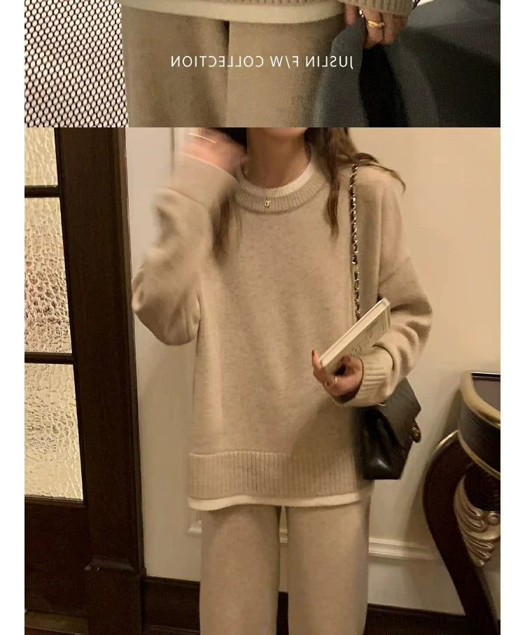 Classic Style Cashmere Sweater Suit Women’s Autumn and Winter Fancy Lazy and Loose Knitted Top Wide Leg Pants