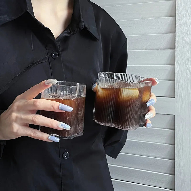 Clear Ice Cream Glass Whiskey Red Wine Glass Cup Flower Stripe Glass Mug Vintage Iced American Coffee Mug Home Stacked