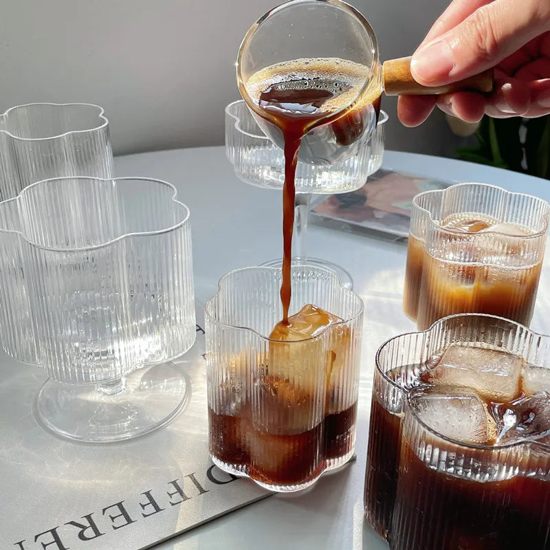 Clear Ice Cream Glass Whiskey Red Wine Glass Cup Flower Stripe Glass Mug Vintage Iced American Coffee Mug Home Stacked