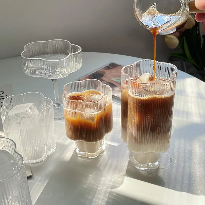 Clear Ice Cream Glass Whiskey Red Wine Glass Cup Flower Stripe Glass Mug Vintage Iced American Coffee Mug Home Stacked