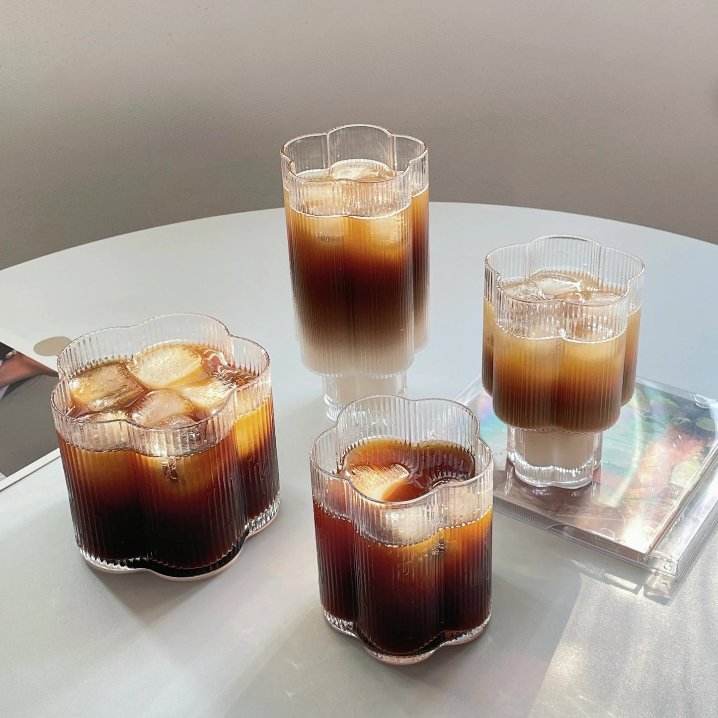 Clear Ice Cream Glass Whiskey Red Wine Glass Cup Flower Stripe Glass Mug Vintage Iced American Coffee Mug Home Stacked