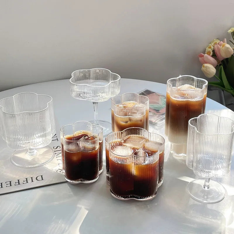 Clear Ice Cream Glass Whiskey Red Wine Glass Cup Flower Stripe Glass Mug Vintage Iced American Coffee Mug Home Stacked