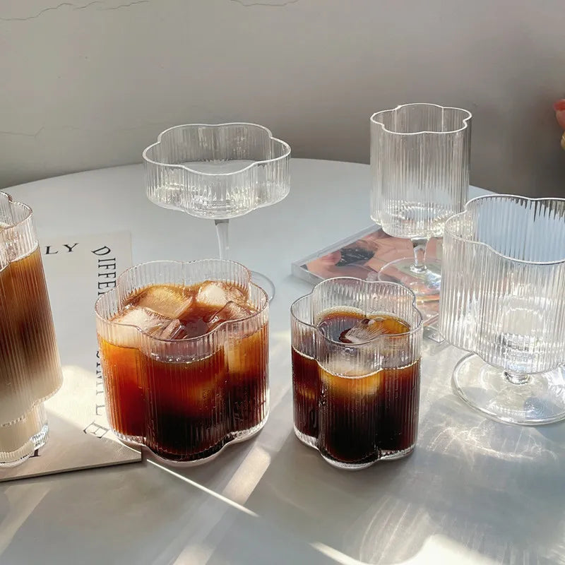 Clear Ice Cream Glass Whiskey Red Wine Glass Cup Flower Stripe Glass Mug Vintage Iced American Coffee Mug Home Stacked