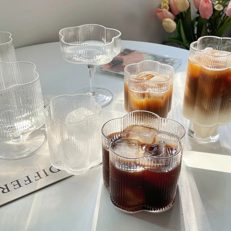 Clear Ice Cream Glass Whiskey Red Wine Glass Cup Flower Stripe Glass Mug Vintage Iced American Coffee Mug Home Stacked