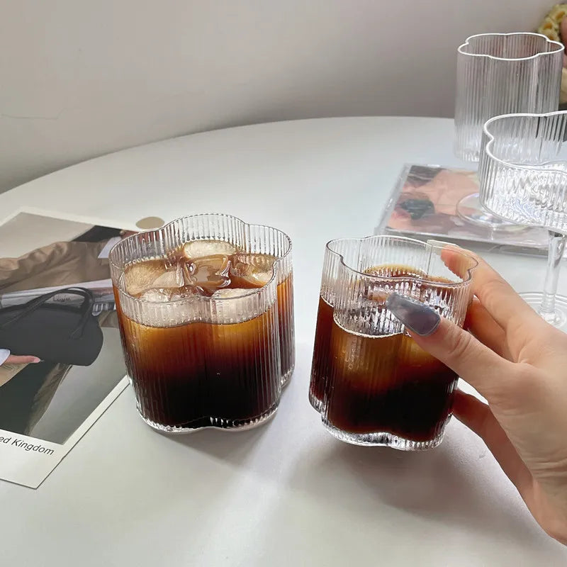 Clear Ice Cream Glass Whiskey Red Wine Glass Cup Flower Stripe Glass Mug Vintage Iced American Coffee Mug Home Stacked