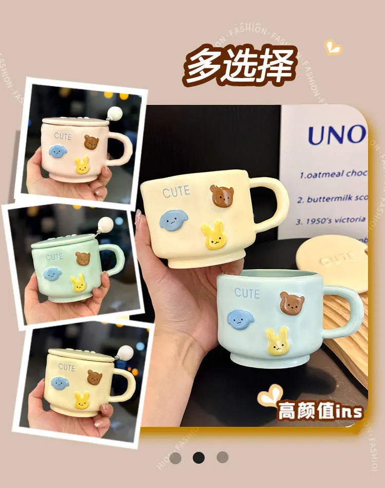 Coffee MugCream-Colored Cartoon Animal Ceramic Hand-Squeezing Cup for Household High-Looking Mug With Lid Spoon Couple