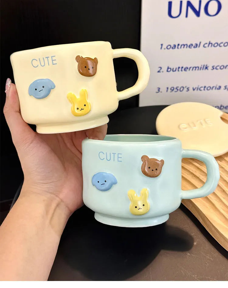 Coffee MugCream-Colored Cartoon Animal Ceramic Hand-Squeezing Cup for Household High-Looking Mug With Lid Spoon Couple