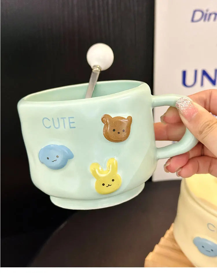 Coffee MugCream-Colored Cartoon Animal Ceramic Hand-Squeezing Cup for Household High-Looking Mug With Lid Spoon Couple