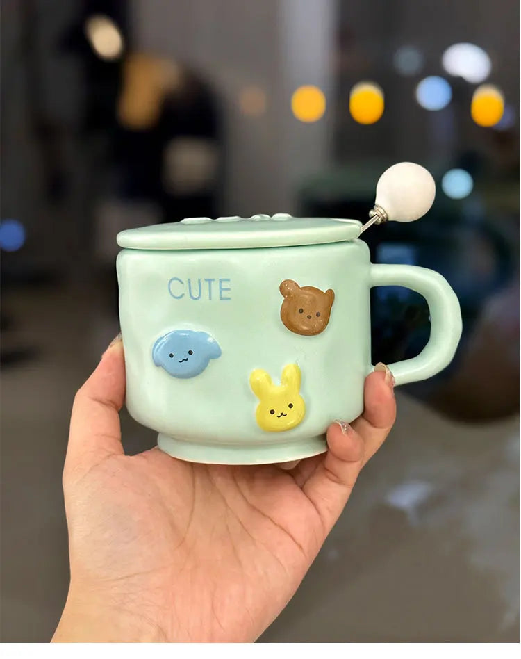 Coffee MugCream-Colored Cartoon Animal Ceramic Hand-Squeezing Cup for Household High-Looking Mug With Lid Spoon Couple