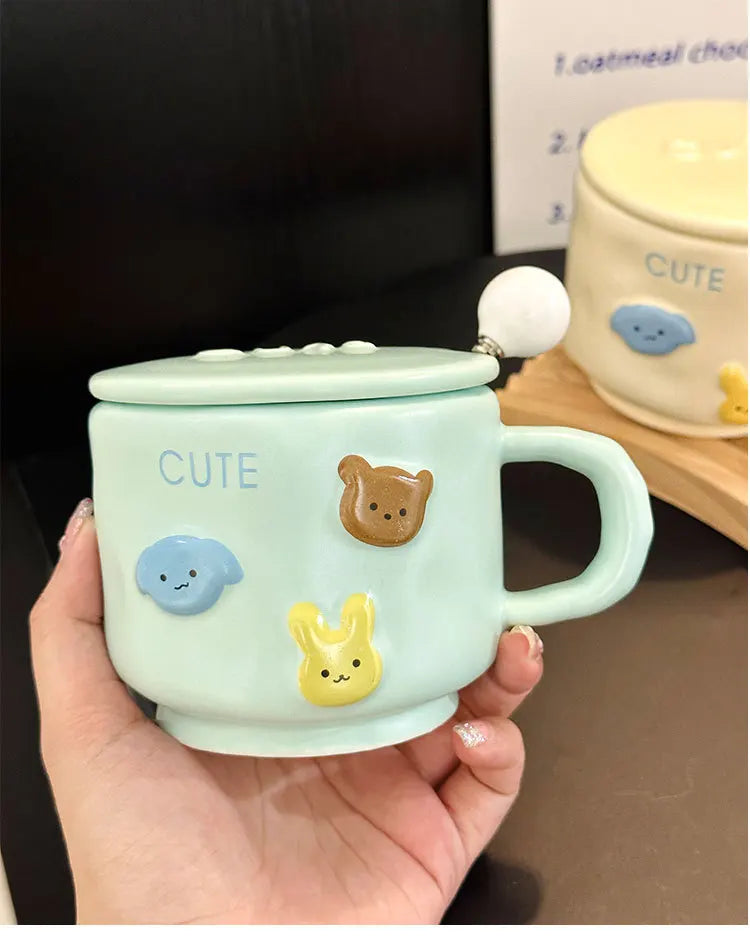 Coffee MugCream-Colored Cartoon Animal Ceramic Hand-Squeezing Cup for Household High-Looking Mug With Lid Spoon Couple