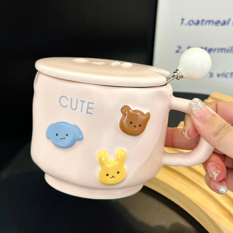 Coffee MugCream-Colored Cartoon Animal Ceramic Hand-Squeezing Cup for Household High-Looking Mug With Lid Spoon Couple