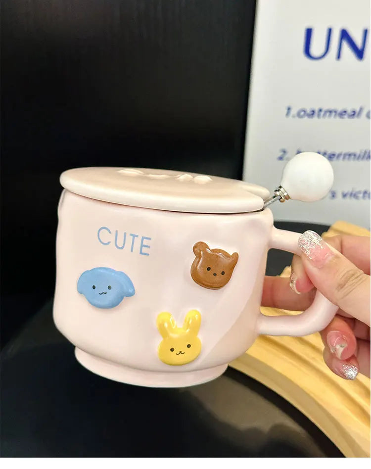 Coffee MugCream-Colored Cartoon Animal Ceramic Hand-Squeezing Cup for Household High-Looking Mug With Lid Spoon Couple