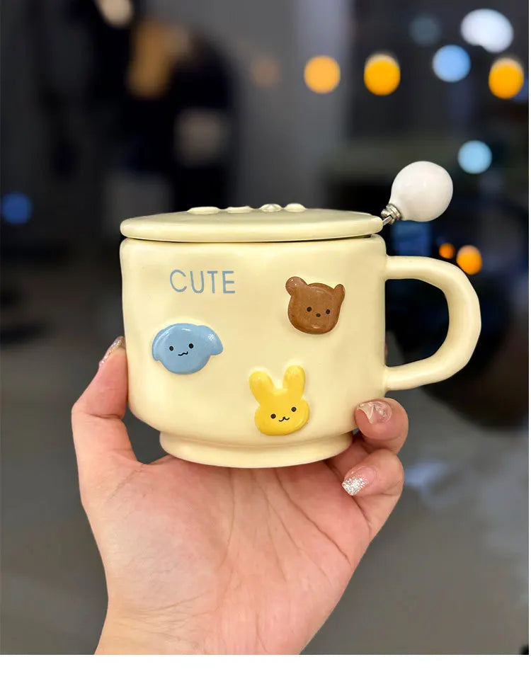 Coffee MugCream-Colored Cartoon Animal Ceramic Hand-Squeezing Cup for Household High-Looking Mug With Lid Spoon Couple