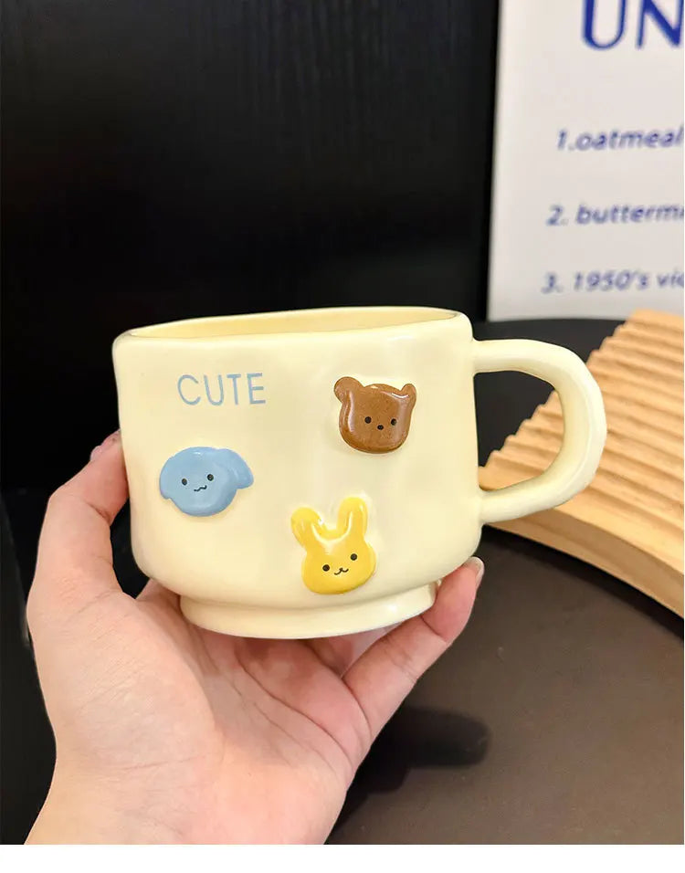 Coffee MugCream-Colored Cartoon Animal Ceramic Hand-Squeezing Cup for Household High-Looking Mug With Lid Spoon Couple