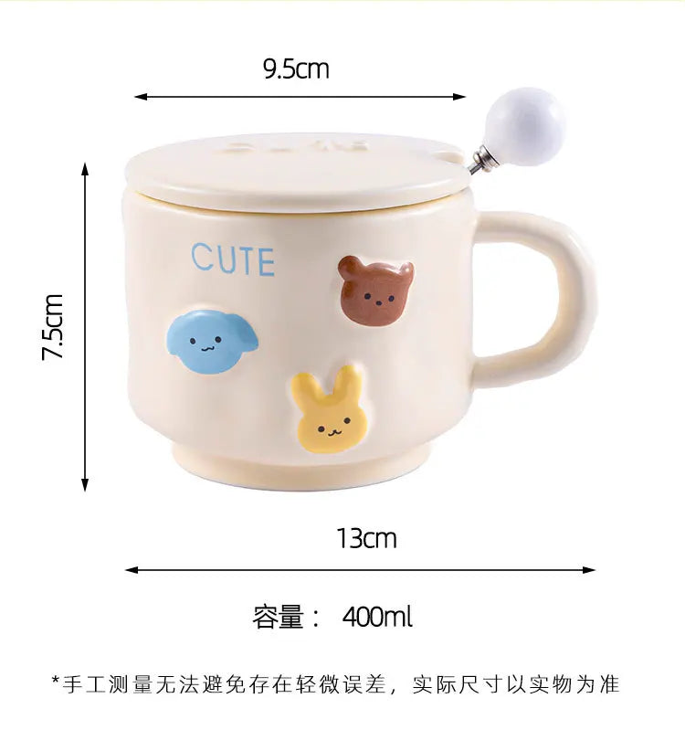 Coffee MugCream-Colored Cartoon Animal Ceramic Hand-Squeezing Cup for Household High-Looking Mug With Lid Spoon Couple