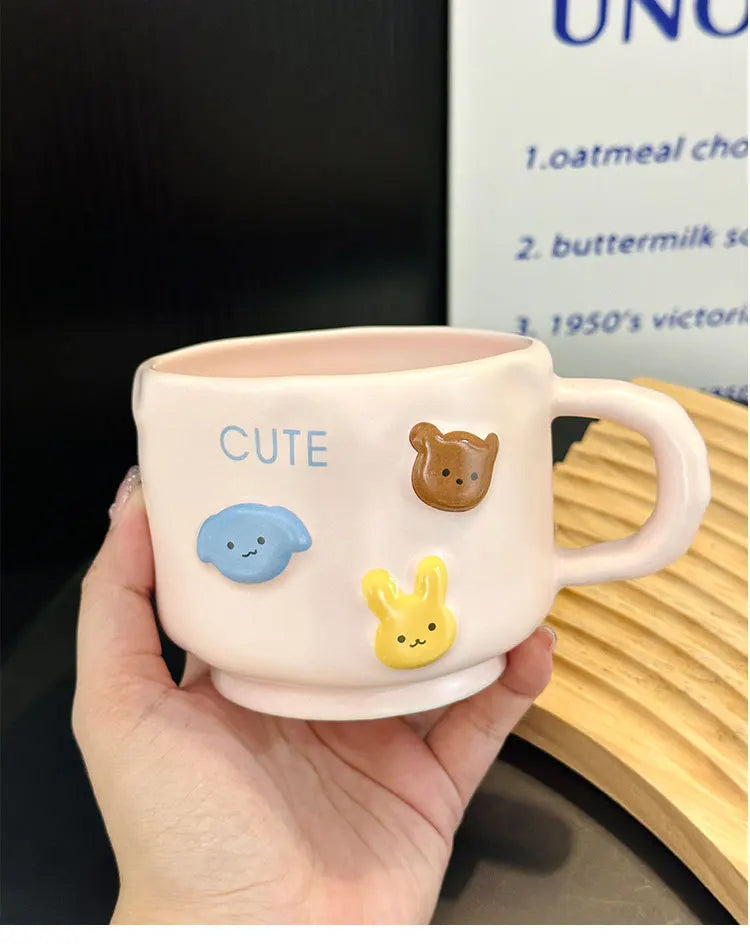 Coffee MugCream-Colored Cartoon Animal Ceramic Hand-Squeezing Cup for Household High-Looking Mug With Lid Spoon Couple