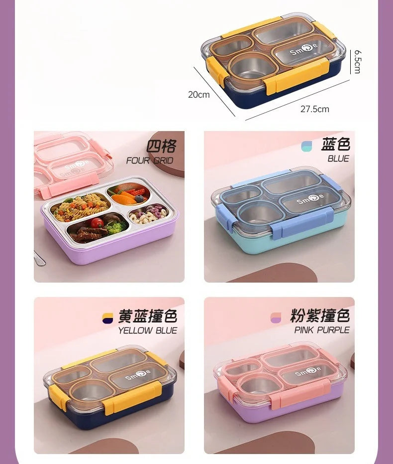 Colorful 4 Divided Stainless Steel Bento Lunch Box Kids Insulated Lunch Box for School Office Kitchen Food Storage