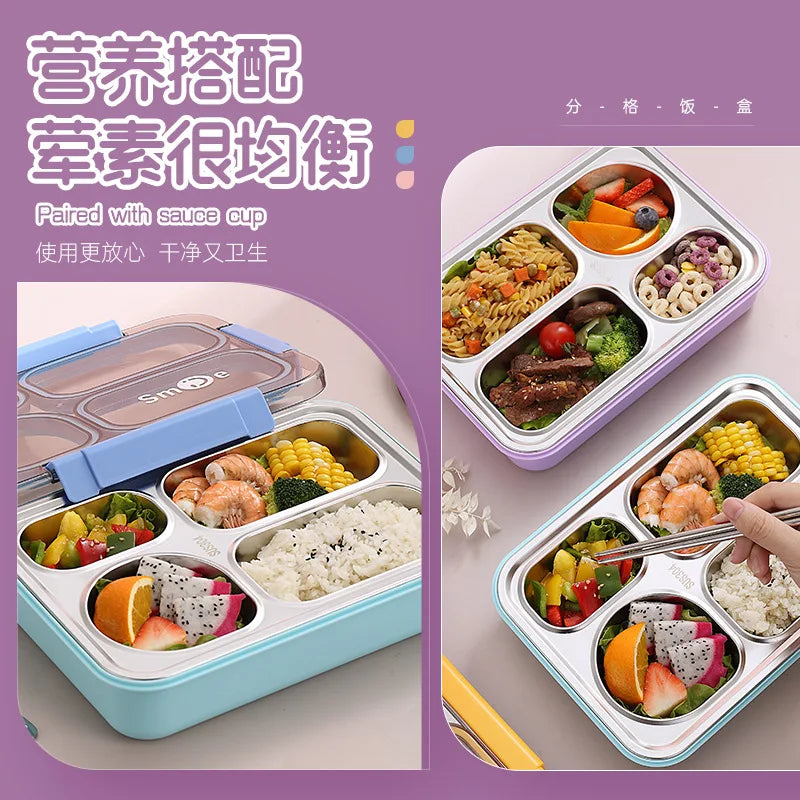 Colorful 4 Divided Stainless Steel Bento Lunch Box Kids Insulated Lunch Box for School Office Kitchen Food Storage