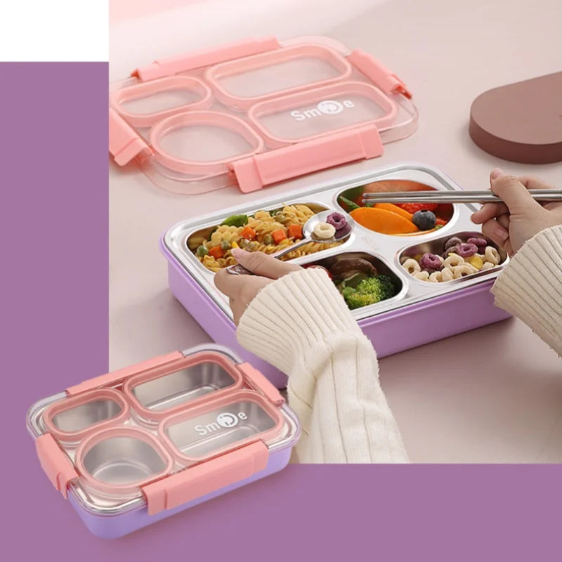 Colorful 4 Divided Stainless Steel Bento Lunch Box Kids Insulated Lunch Box for School Office Kitchen Food Storage