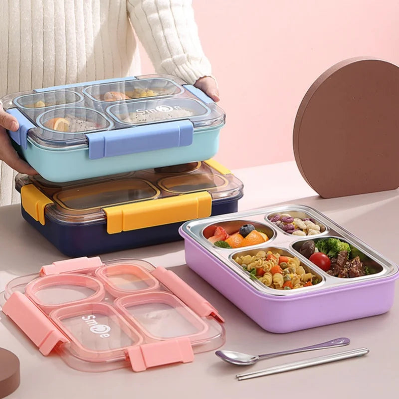 Colorful 4 Divided Stainless Steel Bento Lunch Box Kids Insulated Lunch Box for School Office Kitchen Food Storage