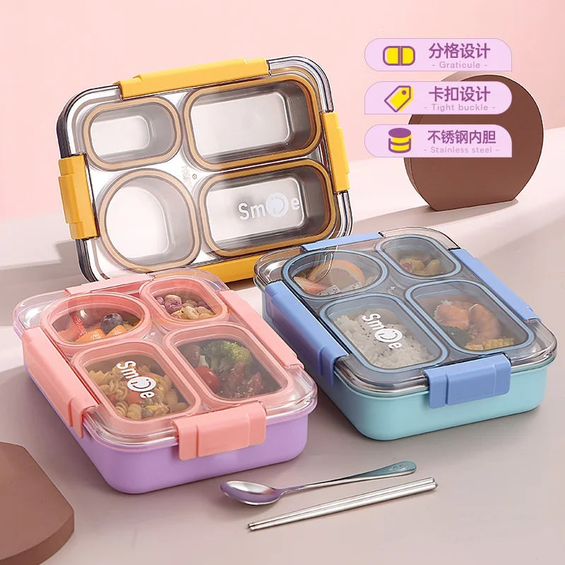 Colorful 4 Divided Stainless Steel Bento Lunch Box Kids Insulated Lunch Box for School Office Kitchen Food Storage