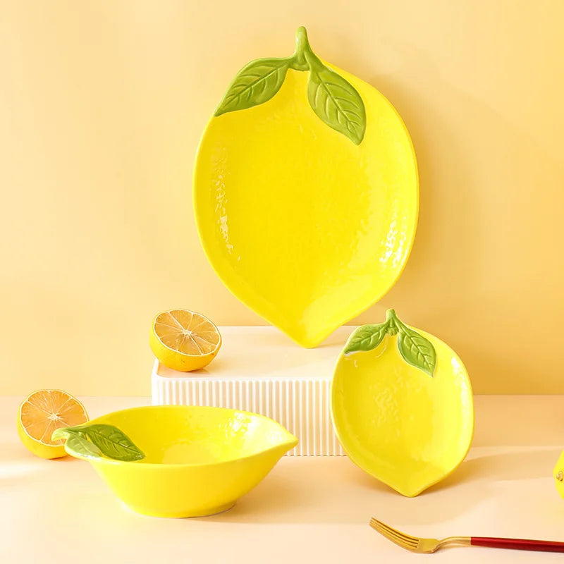 Creative Cartoon Lemon Shaped Ceramic Salad Bowl Soup Bowl Family Fruit Snack Plate Kitchen Utensils Accessories