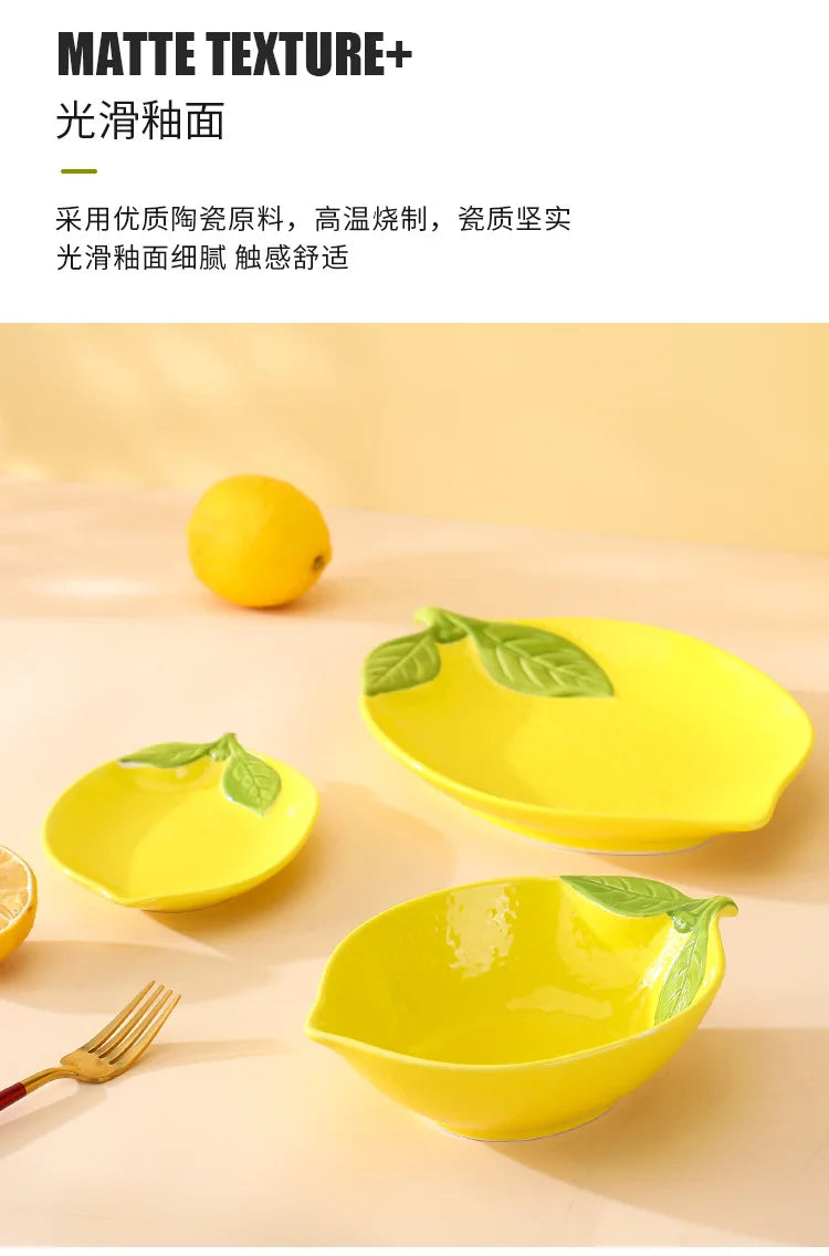 Creative Cartoon Lemon Shaped Ceramic Salad Bowl Soup Bowl Family Fruit Snack Plate Kitchen Utensils Accessories