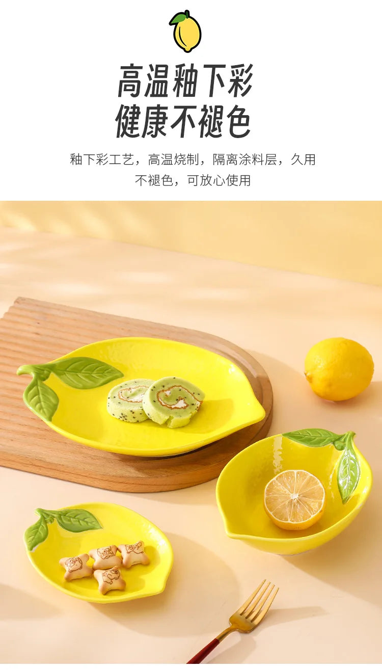 Creative Cartoon Lemon Shaped Ceramic Salad Bowl Soup Bowl Family Fruit Snack Plate Kitchen Utensils Accessories