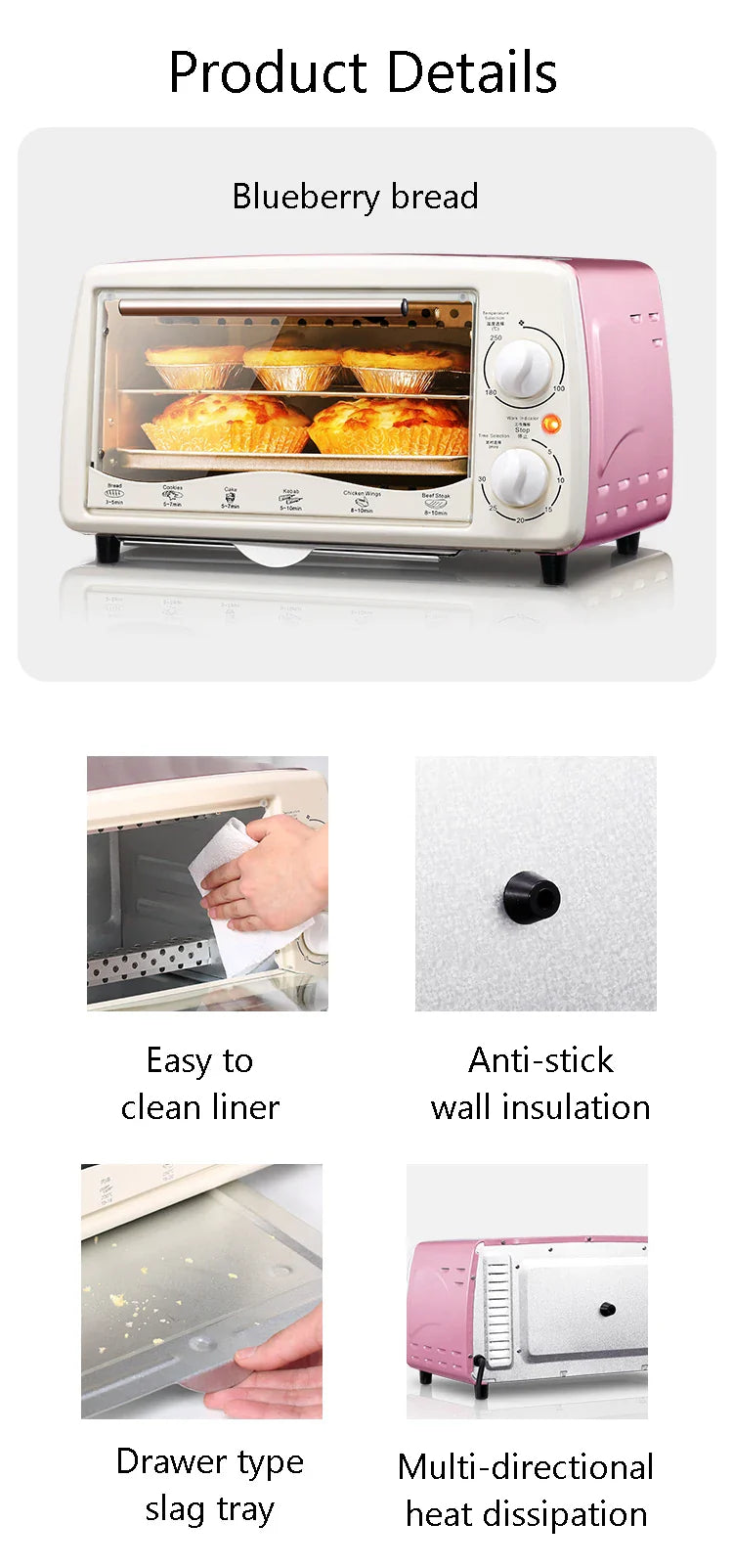 CUKYI 12L Electric oven intelligent temperature control kitchen appliance with removable crumbs tray cake pizza baking